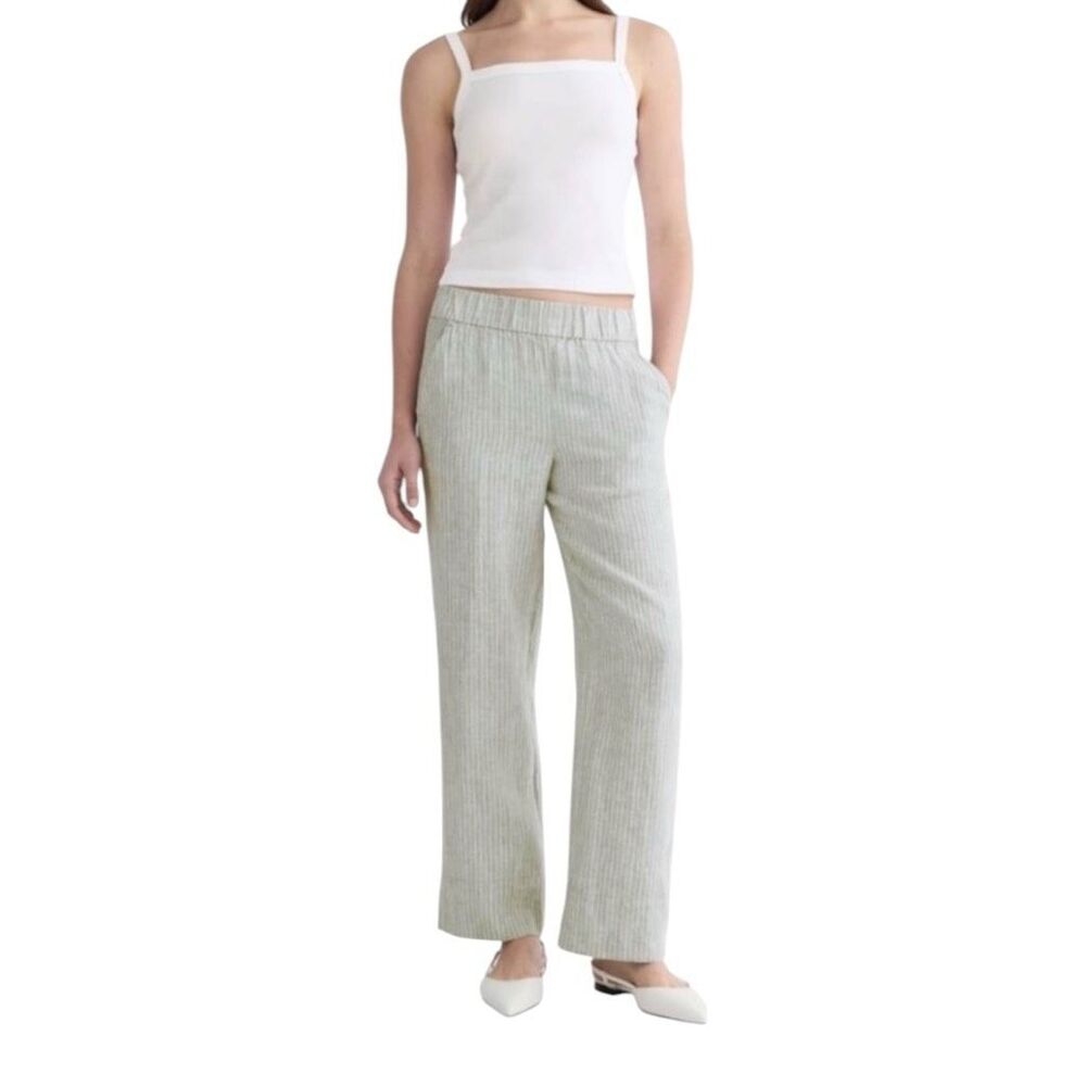 Everlane Flax Linen Size Large Green with White Strips Elastic Waistband